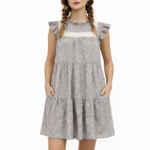 Moodie Ditsy Floral Eyelet Lace Tiered Ruffle Cottageocre Dress Pockets Size M